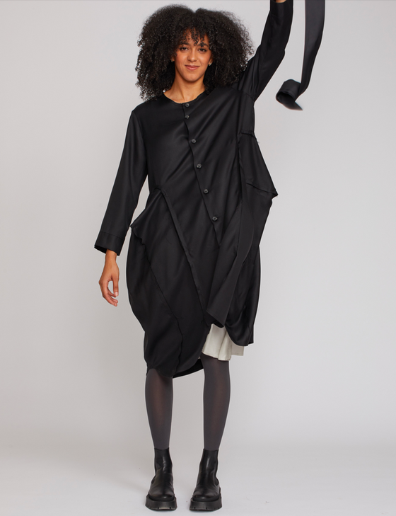 Shosh Black Silk/Wool Godet Dress