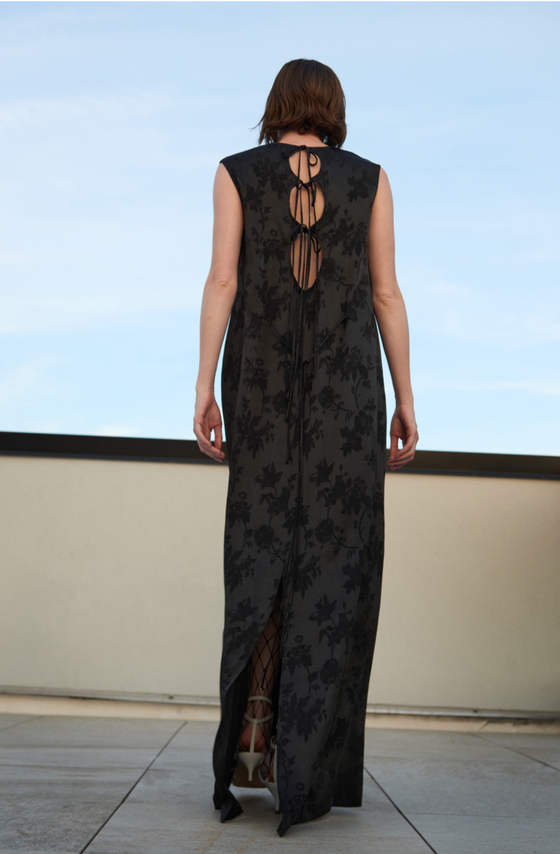 Kallmeyer Black Satin Brocade Circle Back Gown