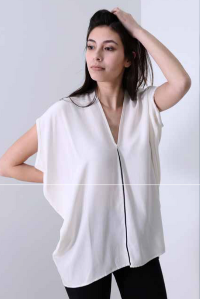 Natalie Busby Silk Cascade top, in white and midnight found at Patricia in Southern Pines, NC