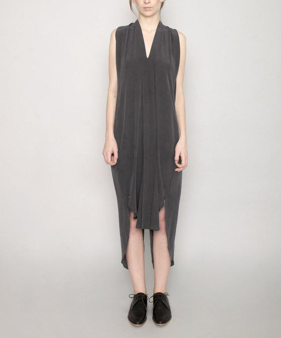 gray silk dress by Szeki on a woman