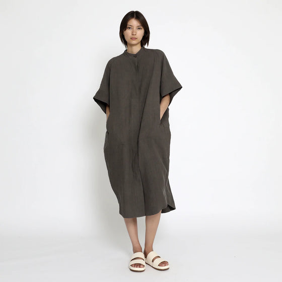 7115 by Szeki Cocoon dark Oak linen shirt dress found at Patricia in Southern Pines, NC