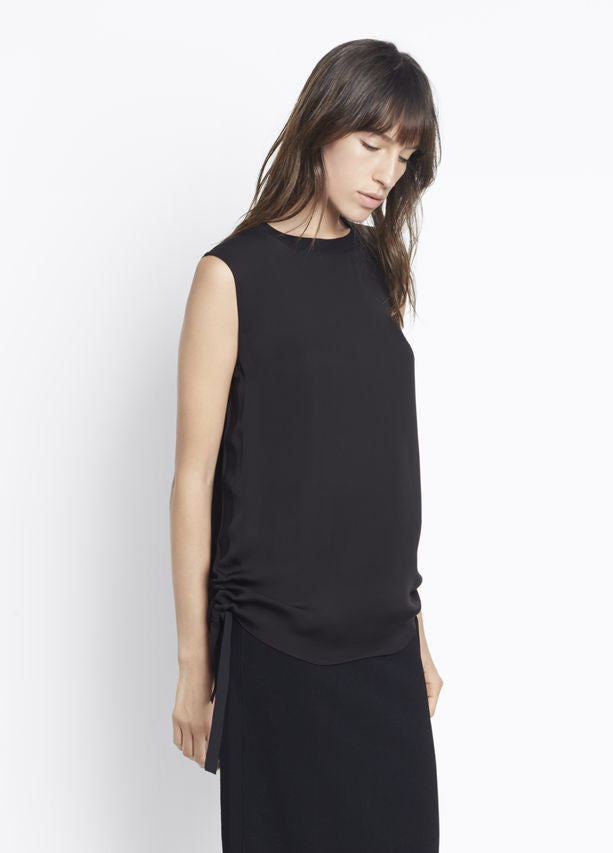 Vince Rouched Rib Tank, Crafted in silk with contrast rib trim at the neck and side panels; sleeveless blouse with adjustable drawstring sides that can be pulled up and tied to ruche or pulled down and worn straight. Black.   