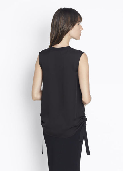 Vince Rouched Rib Tank, Crafted in silk with contrast rib trim at the neck and side panels; sleeveless blouse with adjustable drawstring sides that can be pulled up and tied to ruche or pulled down and worn straight. Black.   
