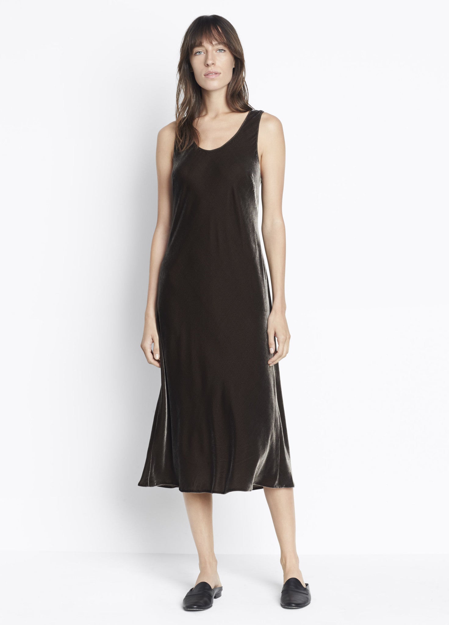 Vince Velvet Tank Dress Caper, Tank dress rendered in soft washed velvet, scoop neck, mid length.