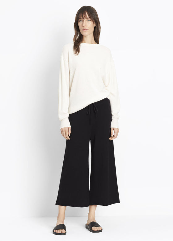 Vince Cropped Wide Pant, Crop wide leg pant knit in pure cotton with a contrast ribbed drawstring waistband.