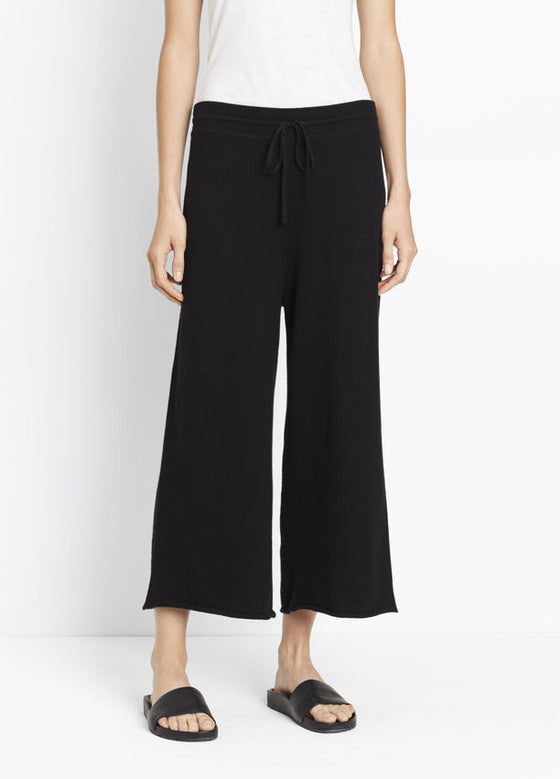 Vince Cropped Wide Pant, Crop wide leg pant knit in pure cotton with a contrast ribbed drawstring waistband.