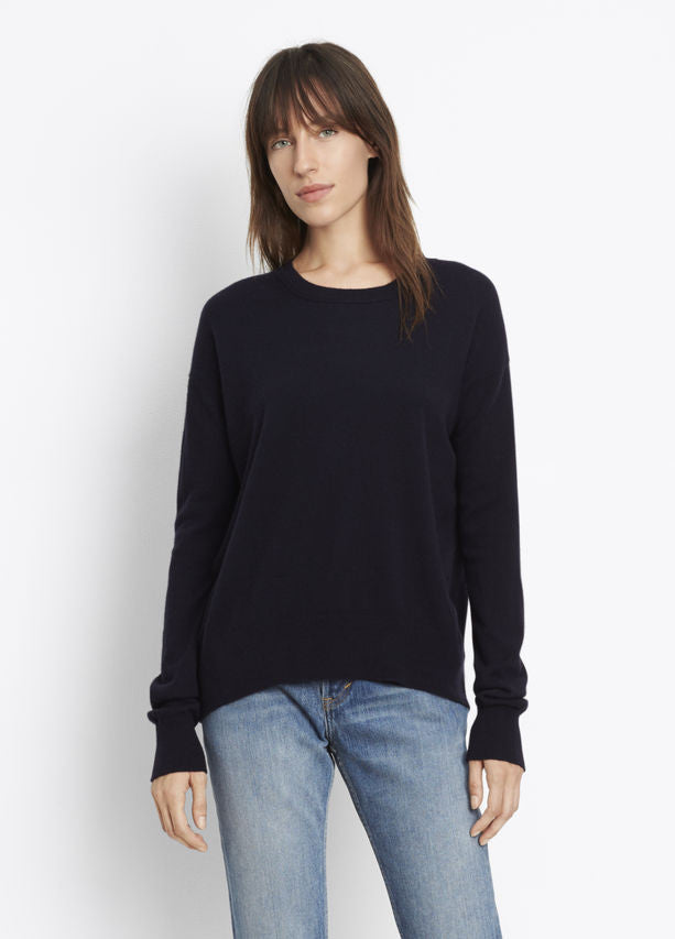 Vince Linen Cashmere Boxy Crew Neck Pullover, Knit in a soft, light linen-cashmere blend with a luxe, naturally heathered look; drapey crew neck pullover with contrast ribbed knit side panels. Coastal Blue.
