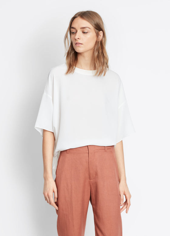 Vince Rib Neck Tee, White, Spaciously cut in in luxe washed pebbled crepe silk; drapey drop shoulder tee with tonal knitted rib trim at the jewel neck, in white