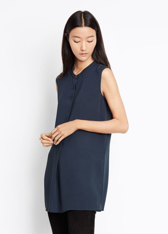 Vince Sleeveless Split Side Tunic, Coastal Blue, Textured silk crepe sleeveless tunic with a concealed half placket and exaggerated split sides in navy.