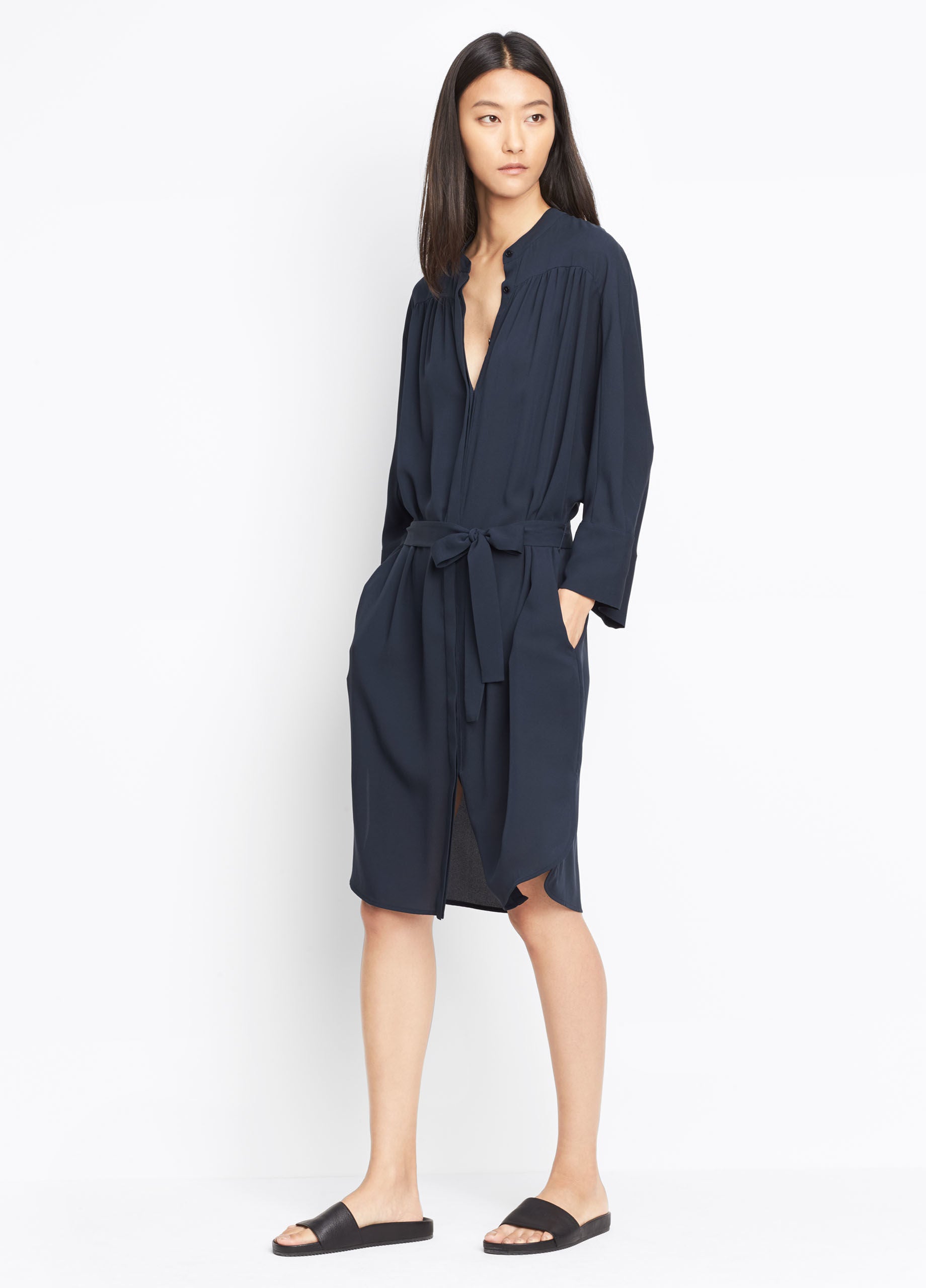 Vince Silk Shirred Shirt Dress, Coastal Blue, Crafted in pebbled crepe silk; belted shirt dress with shirring at the front and back yoke.