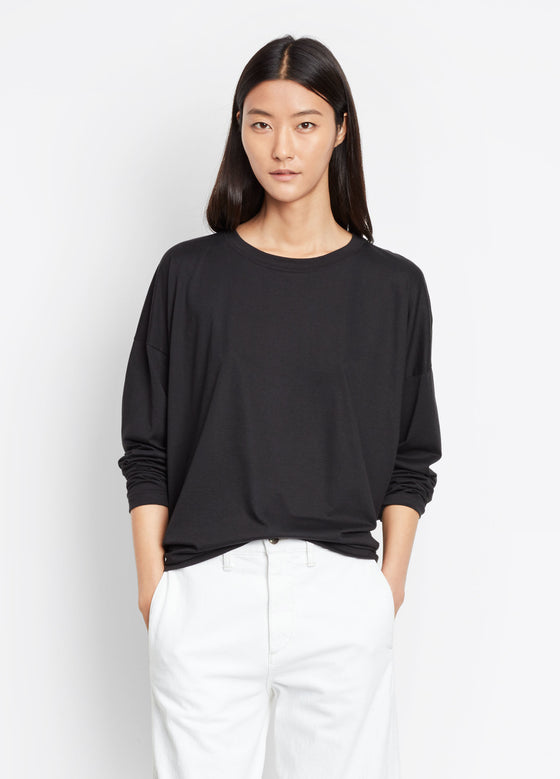 Vince Relaxed Long Sleeve Tee, Black, Drapey drop shoulder long sleeve tee made of luxe compact cotton jersey with a silky soft hand in black