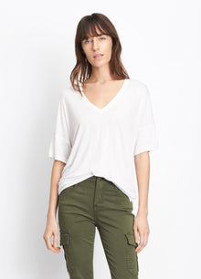  Vince Drop Shoulder V-Neck Tee, White, Crafted in warm-hand rayon with a luxe feel and elevated look; V-neck tee cut with drop shoulders and an easy, relaxed body.