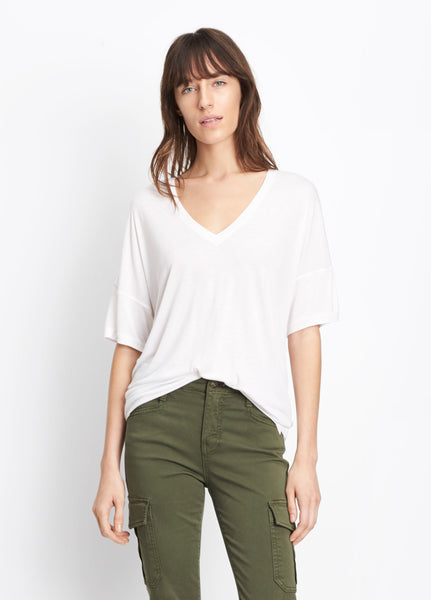 Vince Drop Shoulder V-Neck Tee, White, Crafted in warm-hand rayon with a luxe feel and elevated look; V-neck tee cut with drop shoulders and an easy, relaxed body.