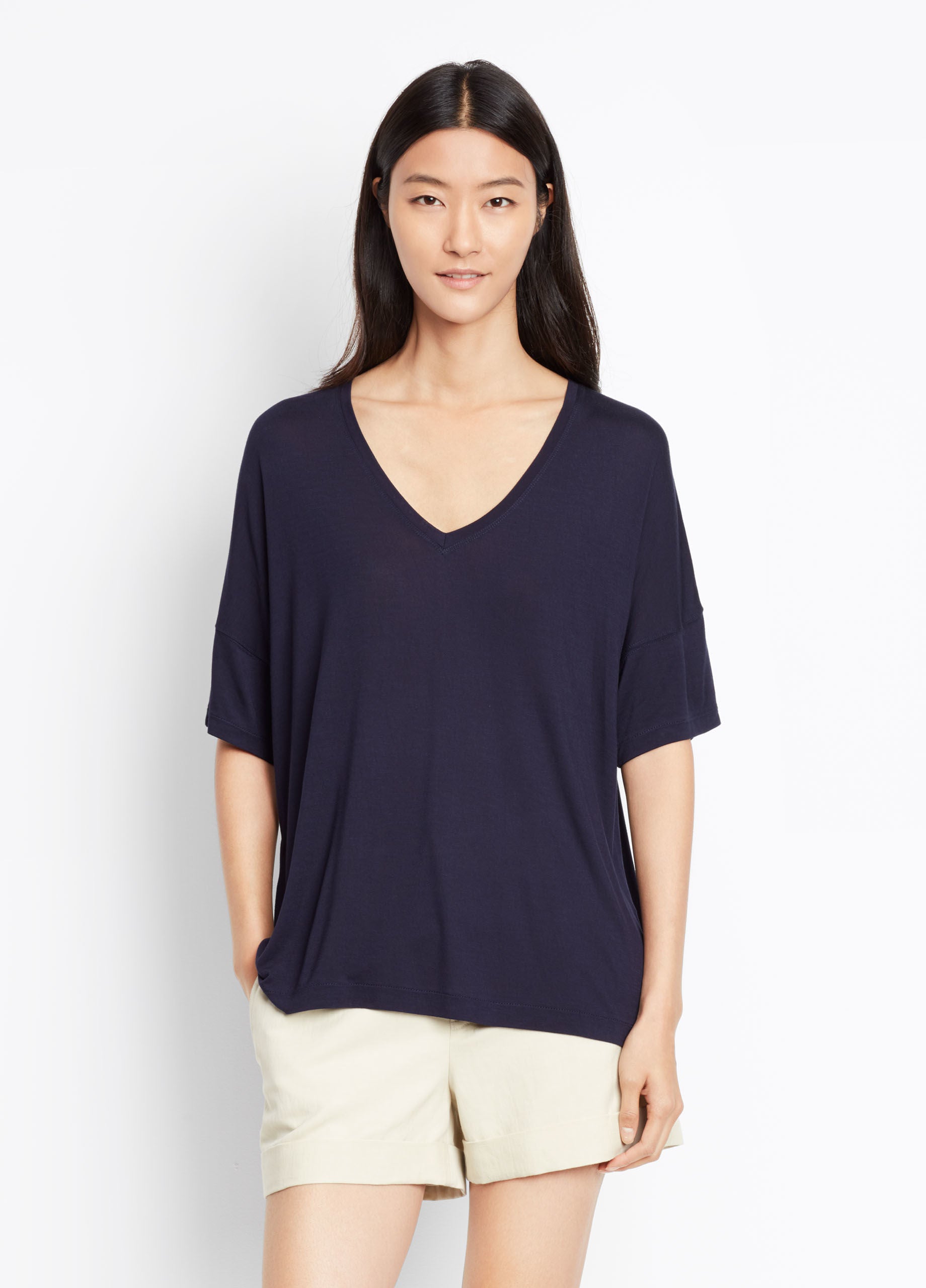 Vince Drop Shoulder V-Neck Tee, Coastal Blue, Crafted in warm-hand rayon with a luxe feel and elevated look; V-neck tee cut with drop shoulders and an easy, relaxed body.