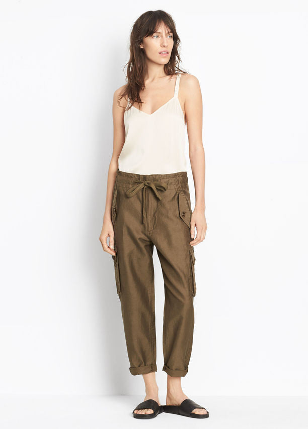 Vince Drawstring Utility Pant, Olive, Crafted in smooth, ultra-soft washed Italian cupro-linen-cotton; drawstring waist utility pant with cargo pockets and a slouchy, cropped cut.