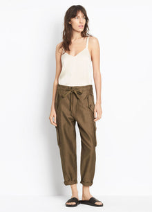  Vince Drawstring Utility Pant, Olive, Crafted in smooth, ultra-soft washed Italian cupro-linen-cotton; drawstring waist utility pant with cargo pockets and a slouchy, cropped cut.