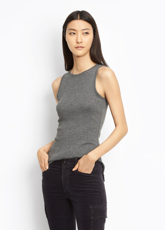 Vince hign neck tank, heath gray and black, found at PATRICIA in Southern Pines, NC