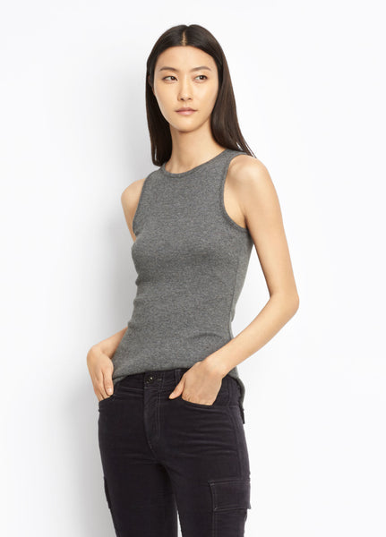 Vince hign neck tank, heath gray and black, found at PATRICIA in Southern Pines, NC