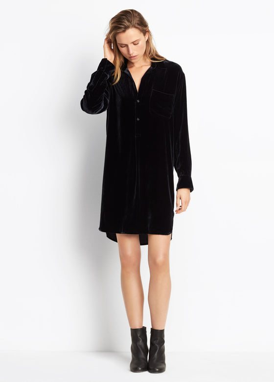 Vince velvet shirt dress in coastal blue, midi-length, found at Patricia in Southern Pines, NC