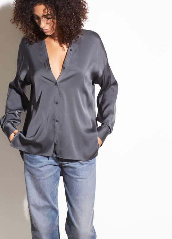 Vince V-Neck Stretch Silk Blouse in Mineral found at Patricia in Southern Pines and Raleigh, NC