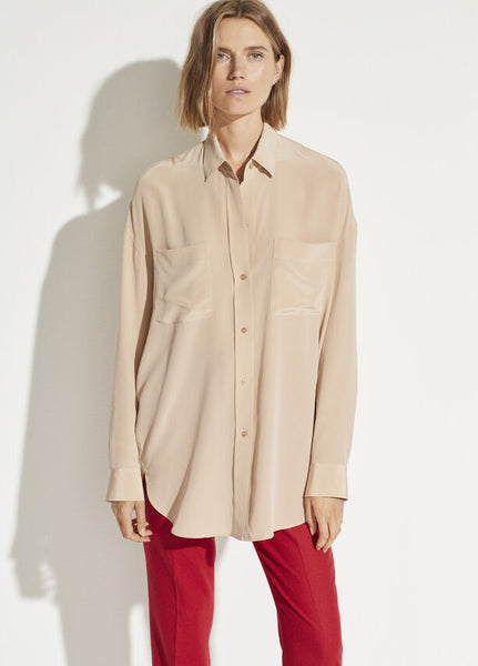 Vince Oversized button front silk blouse, limestone, found at Patricia in Southern Pines, NC