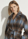 Vince blue/brown belted plaid coat with self tie found at Patricia in Southern Pines, NC