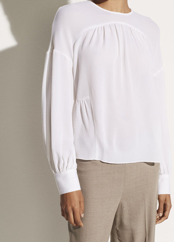 Vince White Shirred Silk Long Sleeve Blouse found at PATRICIA in Southern PInes, NC