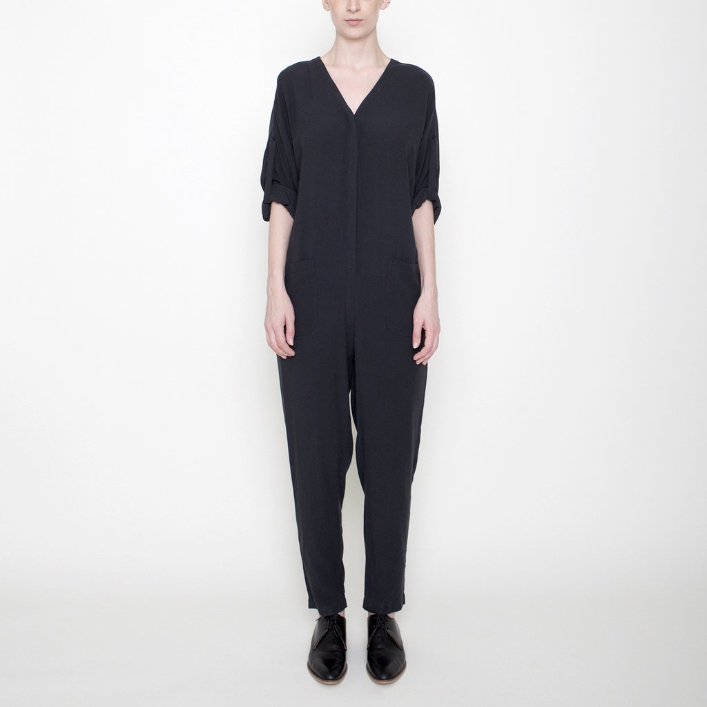 Charcoal tencel jumpsuit with V-neckline and easy tie, found at Patricia in Southern Pines, NC