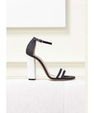 Emerson Fry Thin Strap Heel. Ivory Heel with black straps.