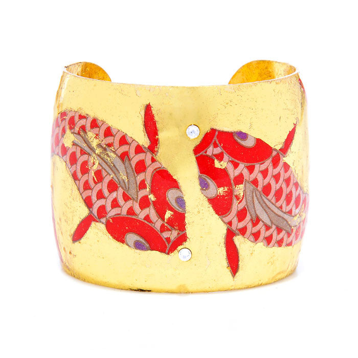 Beautiful Evocateur gold leaf cuff, featuring images of colorful, red goldfish, available at Patricia