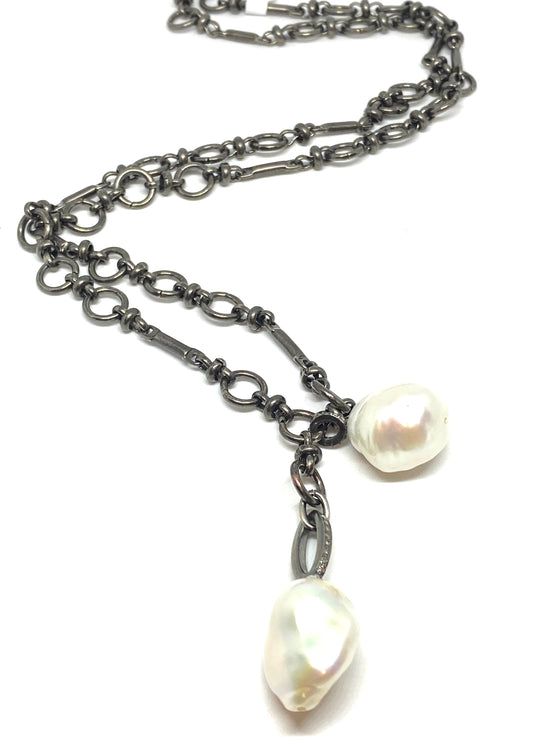Nathan & Moe Oxidized Chain Necklace with Two White Pearls accented with Diamond Bales