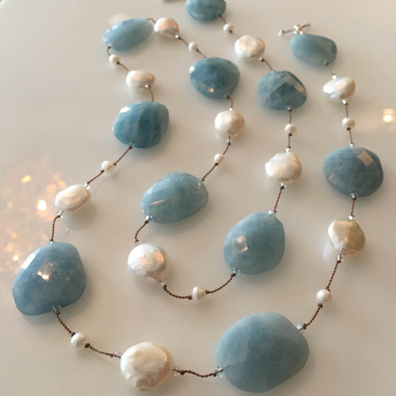 Margo Morrison Faceted Aquamarine Necklace with Pearls and Swarovski Crystals