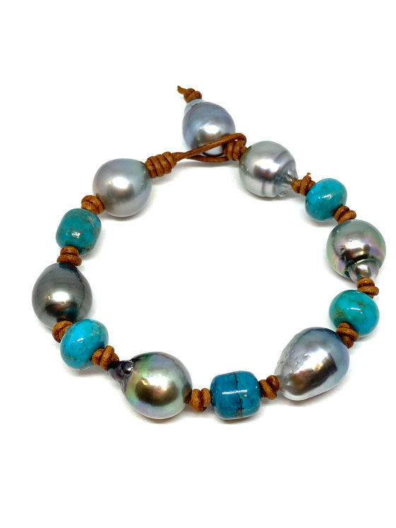 Perle by Lola Tahitian pearl and turquoise on leather bracelet found at Patricia in southern pines, nc