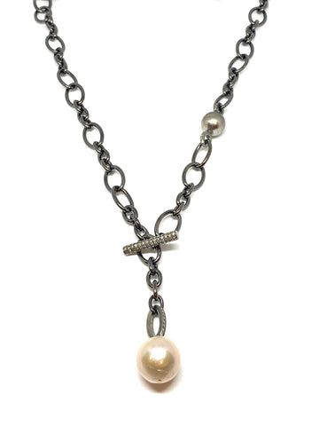 Nathan & Moe Gunmetal Link Chain with a Tahitian and White Pearl and an Oxidized Toggle