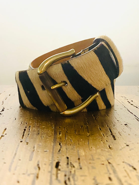 W. Kleinberg Safari Zebra Hair Calf Belt with Gold Horn Buckle