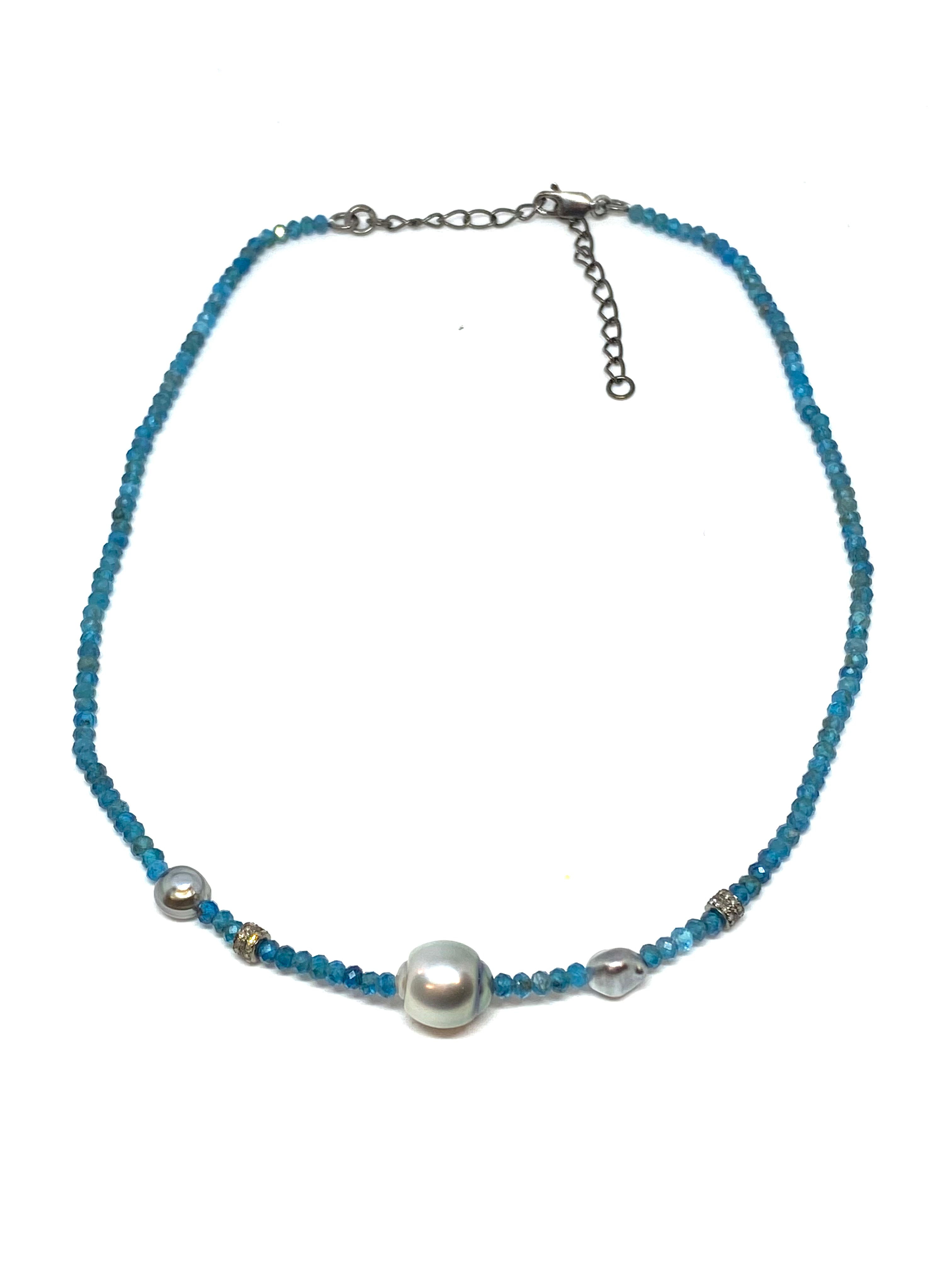 Nathan and moe 3mm apatite bead necklace with Tahitian pearls and oxidized diamond rondells