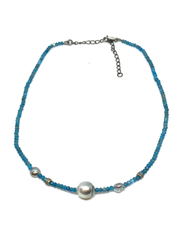 Nathan & Moe 3mm Apatite Bead Necklace with Tahitian Pearls and Oxidized Diamond Rondells