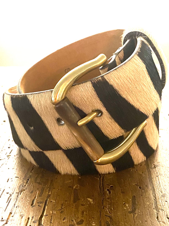 W. Kleinberg Safari Zebra Hair Calf Belt with Gold Horn Buckle