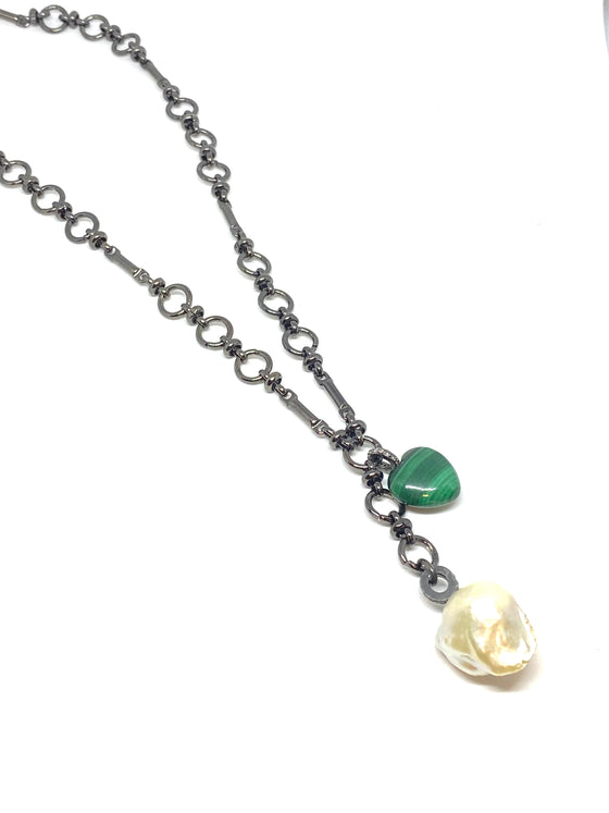 Nathan & Moe Gunmetal Chain Necklace with White Pearl and Malachite Heart