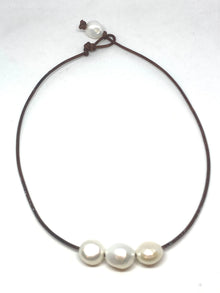  Triple off-round Freshwater Pearls on Brown Leather