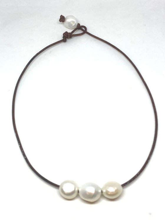 Triple off-round Freshwater Pearls on Brown Leather