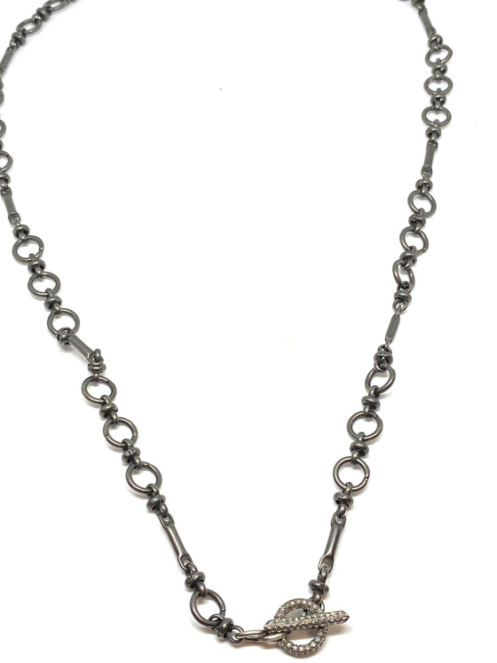 Nathan and Moe 22" oxidized chain with oxidized diamond mini toggle found at Patricia in southern Pines, NC