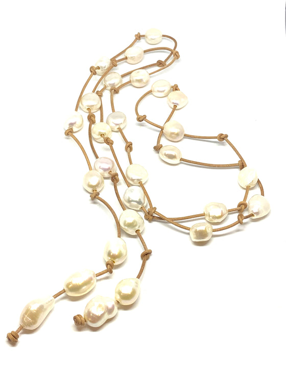 perle by Lola pearl lariat with white pearls found at Patricia in southern pines, nc