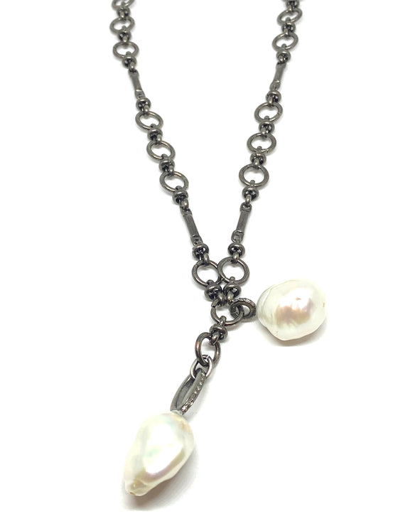 Nathan and moe oxidized chain necklace with two white pearls accented with diamond bales found at Patricia in southern pines, NC