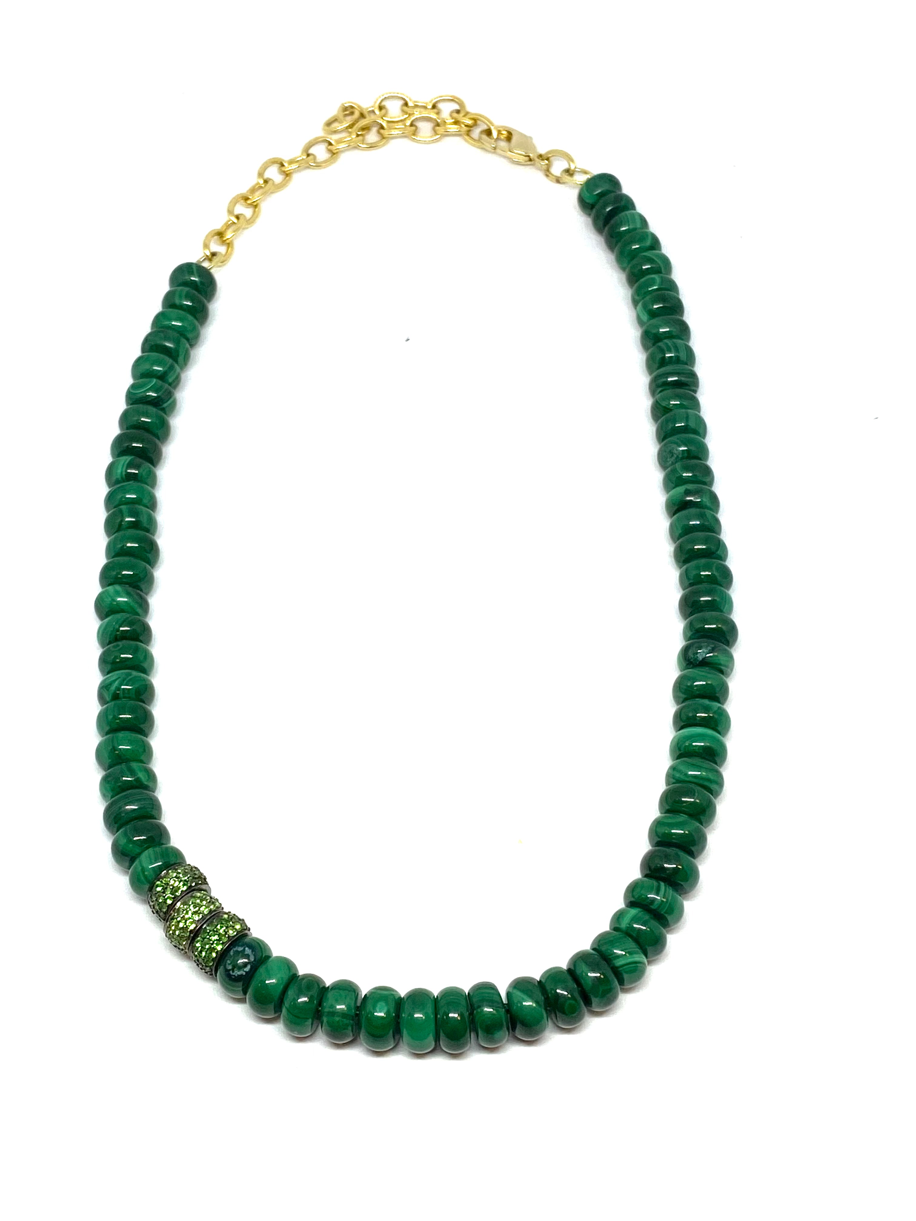 Nathan and Moe 16" malachite rondelle necklace with three tsavorite rondelles found at Patricia in southern pines, nc