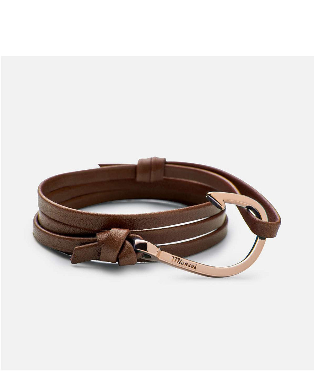 Miansai Hook on Brown Leather Bracelet, Rose Gold plated
