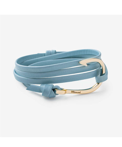Miansai Hook on Leather Bracelet Gold Plated, Sky Blue