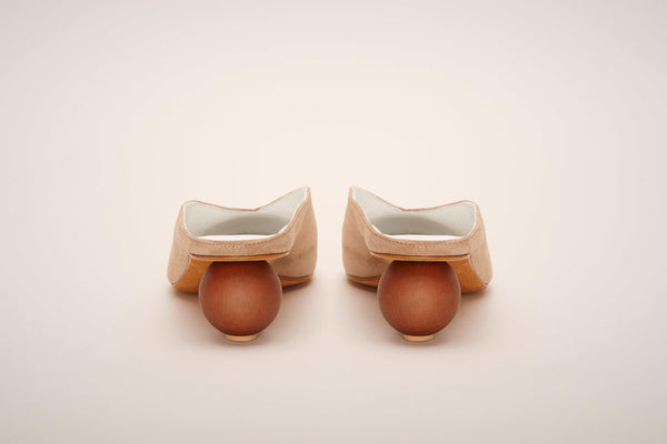 Gray Matters Mildred Egg in Taupe. Suede slide with egg shaped wooden heel.