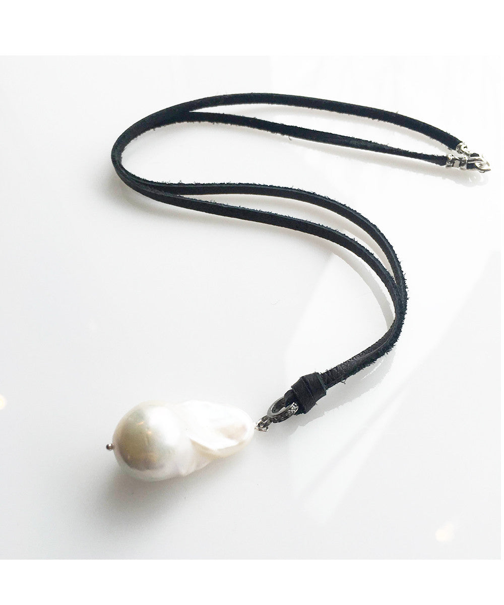 Margo Morrison White Baroque Pearl Drop necklace on Deerskin