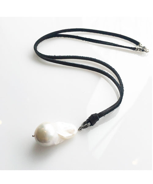 Margo Morrison White Baroque Pearl Drop necklace on Deerskin